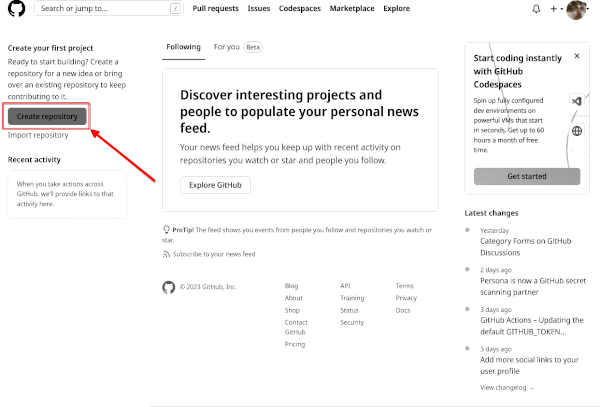 Creating a new repository from your dashboard.