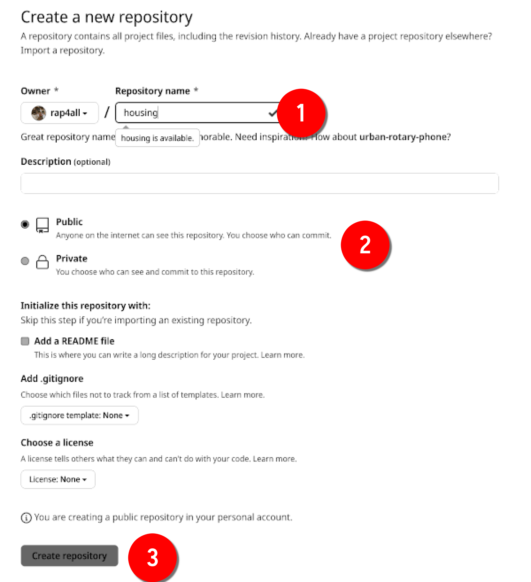 Name your repository and choose whether it's a public or private repository.